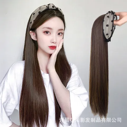网红百搭发箍长发长直一体潮假发半头套网纱黑帽子韩版时尚女假发