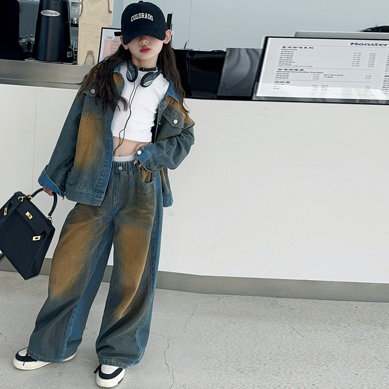 潮流女童爵士舞服装走秀秋季少儿时髦牛仔套装演出女团服韩版潮装
