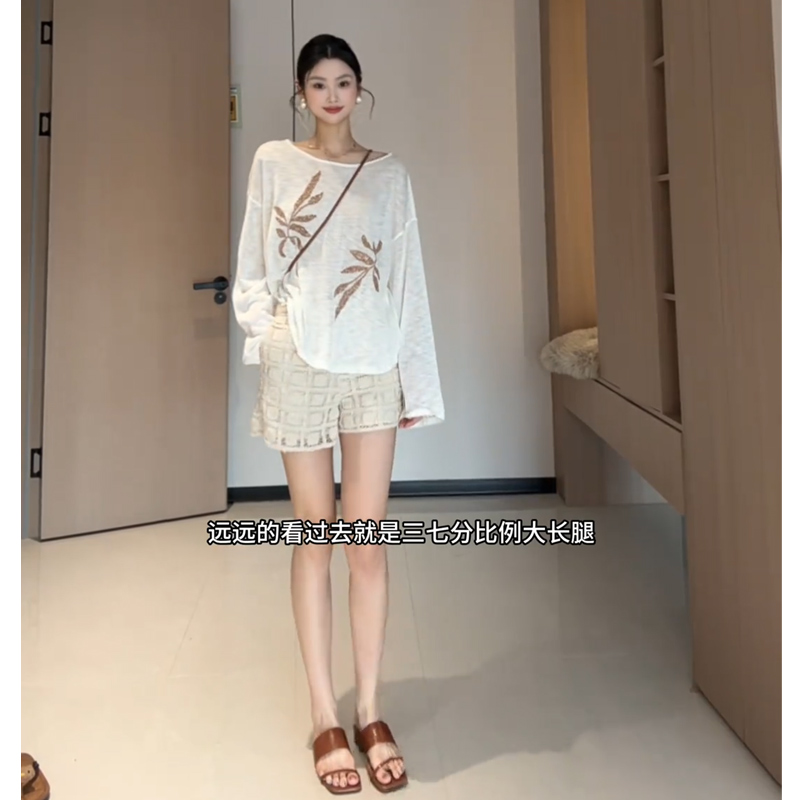 时尚慵懒风松弛感穿搭套装长袖针织罩衫上衣女秋季休闲短裤两件套