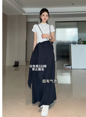 向晚意STUDIO 气质半高领短袖T恤设计感绑带半身裙女夏韩系两件套