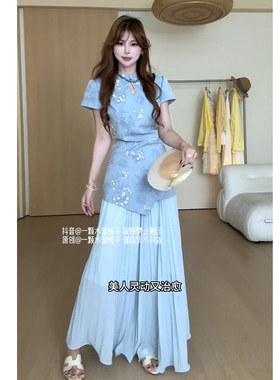 JIAHUI STUDIO 国风新中式女套装时尚改良旗袍上衣缎面百褶半身裙