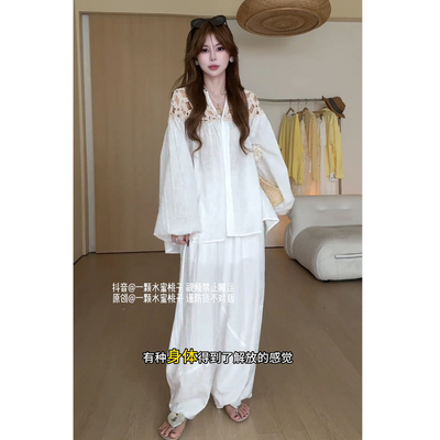 老钱风松弛感穿搭时尚套装白色镂空长袖衬衫女装夏季休闲裤两件套