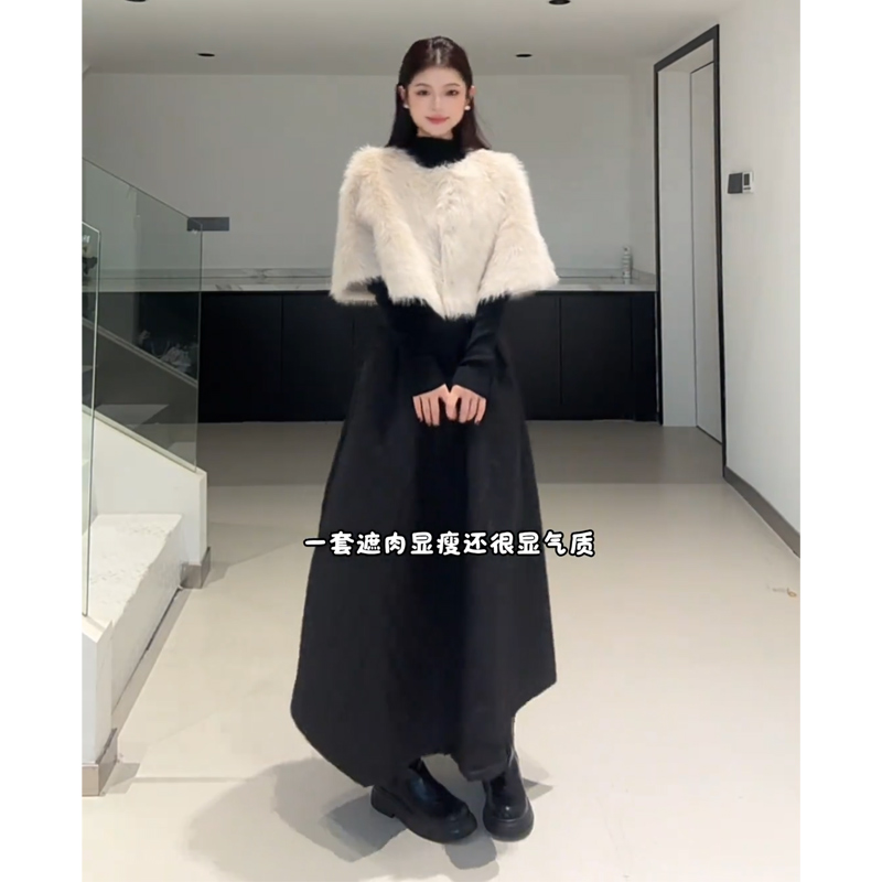 Wannvy Up 氛围感简约套装秋冬收腰背带连衣裙毛毛斗篷打底衫套装