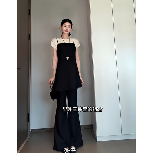 昕羽垚STUDIO 韩系气质显瘦吊带上衣休闲微喇长裤时尚百搭两件套