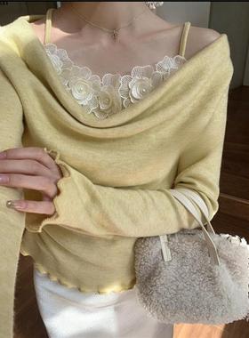 向晚意STUDIO 韩系荡领手工花朵针织上衣女木耳边缎面鱼尾裙套装