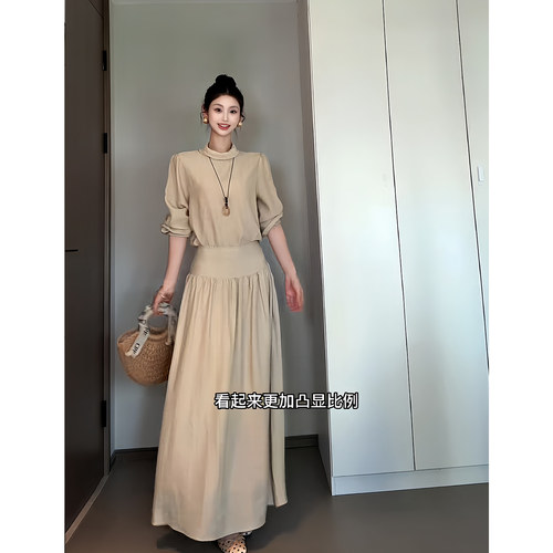 昕羽垚STUDIO 秋季新款温婉百搭显瘦翻领衬衫收腰压褶半身裙套装