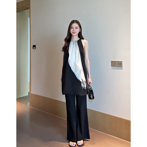 Wannvy up 设计感独特法式拼接显瘦气质无袖连衣裙女黑色休闲长裤