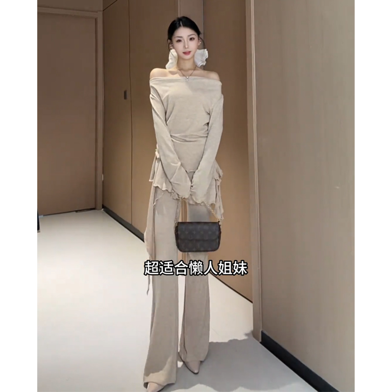 鑫雅集STUDIO 秋季法式穿搭假两件上衣女装套装休闲微喇裤两件套