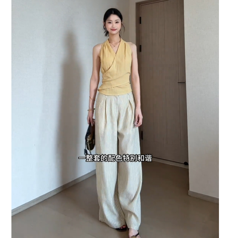 JIAHUI STUDIO 女装老钱风韩系别致高级感挂脖背心休闲条纹阔腿裤