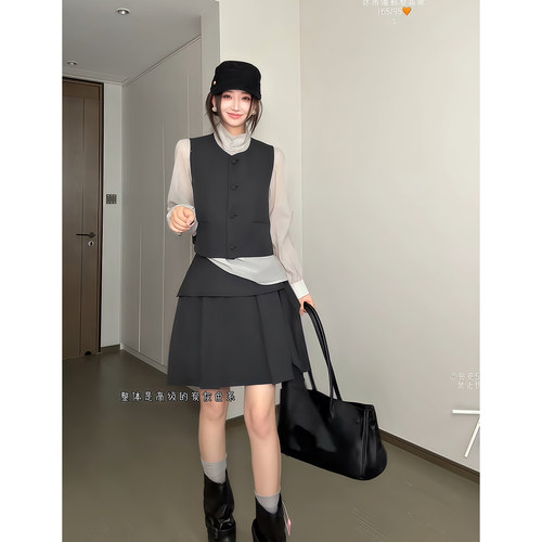 昕羽垚STUDIO 设计感学院风马甲气质长袖衬衫显瘦褶皱半身裙套装