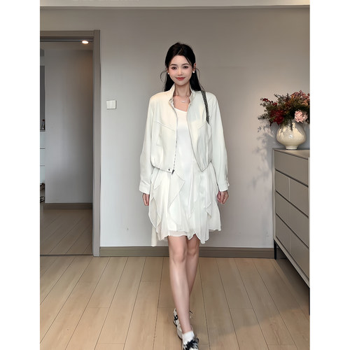 向晚意 STUDIO 秋季新款高级设计机车休闲外套蕾丝花边吊带裙套装