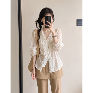 昕羽垚STUDIO 高端轻奢V领衬衫女屁帘假两件洗水高腰韩系裤子套装