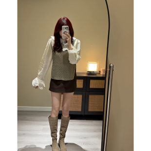 昕羽垚STUDIO 洋气减龄针织马甲衬衫女高腰显瘦A字短裙甜美两件套