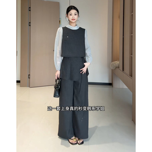 裤 洋气复古韩系套装 女休闲阔腿西装 四件套 背心马甲衬衫 Wannvy