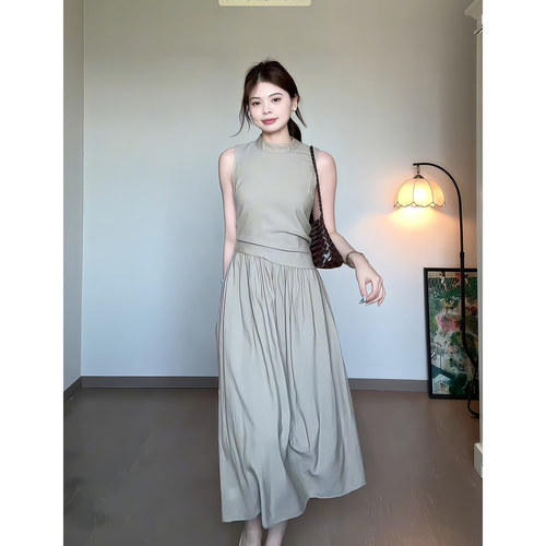 拾光里STUDIO 纯色收腰显瘦无袖连衣裙女优雅系带长款圆领长裙子