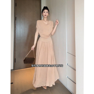 昕羽垚STUDIO 夏季荡领高弹力蝙蝠袖针织小衫+显瘦半身裙两件套装