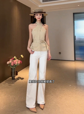 昕羽垚STUDIO 高级感轻奢收腰显瘦无袖吊带背心白色直筒裤子套装