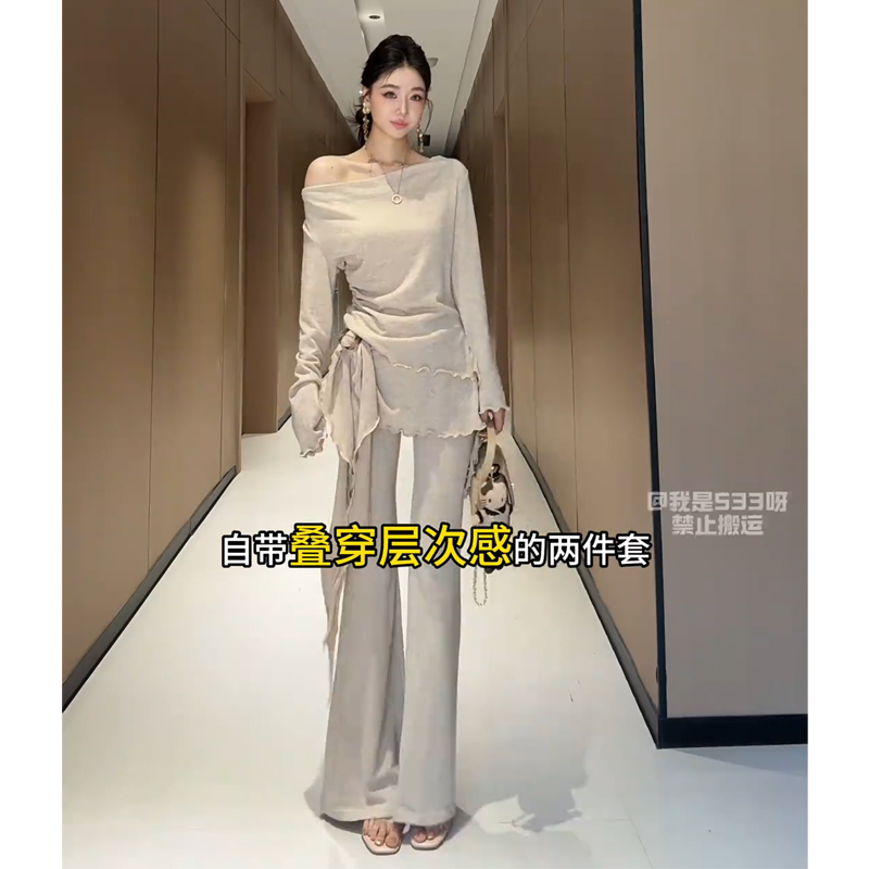 鑫雅集STUDIO 温柔风初秋套装假两件上衣女秋季微喇休闲裤两件套