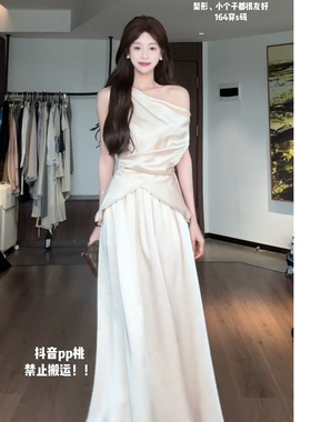 向晚意STUDIO 法式缎面无袖上衣显瘦女春夏季新款高腰长款半身裙