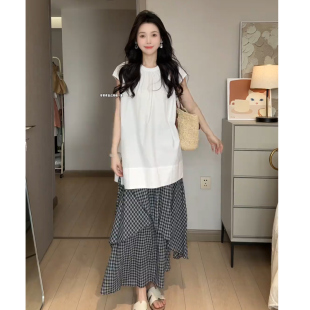JIAHUI STUDIO 休闲宽松白色坎肩衬衫格子半身裙两件套女夏季穿搭