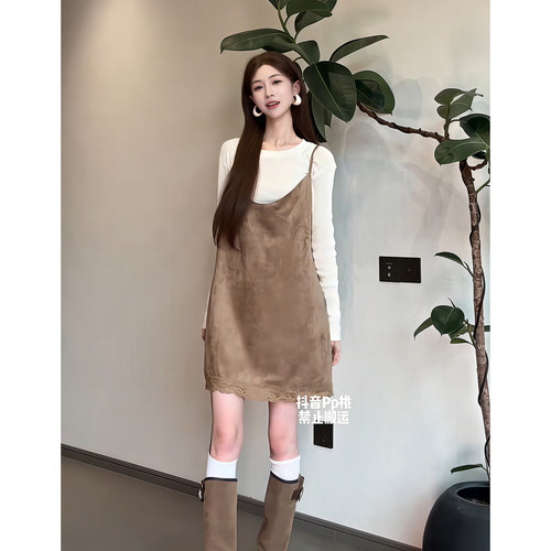 昕羽垚STUDIO 韩系气质时尚蕾丝拼接吊带裙显瘦长袖打底衫两件套