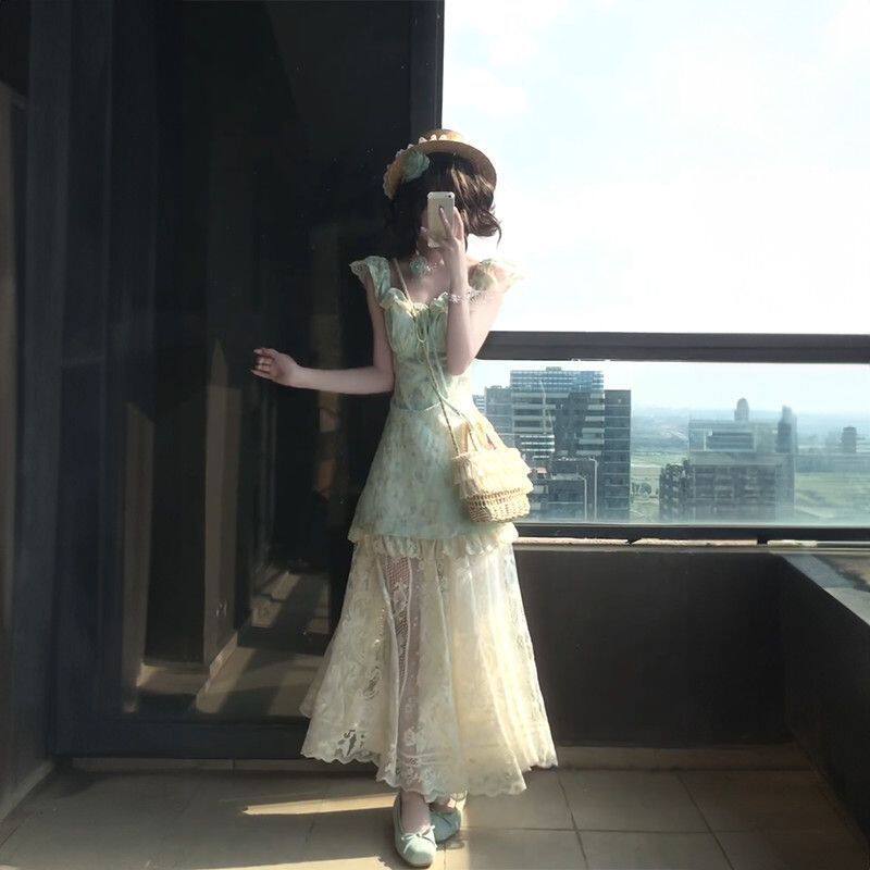 韩系穿搭一整套薄荷曼波学院风女学生蕾丝连衣裙+薄款高腰半身裙