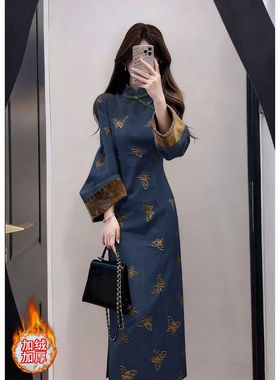 新中式复古蓝色提花改良旗袍连衣裙出席重要场合的裙子2025年冬季