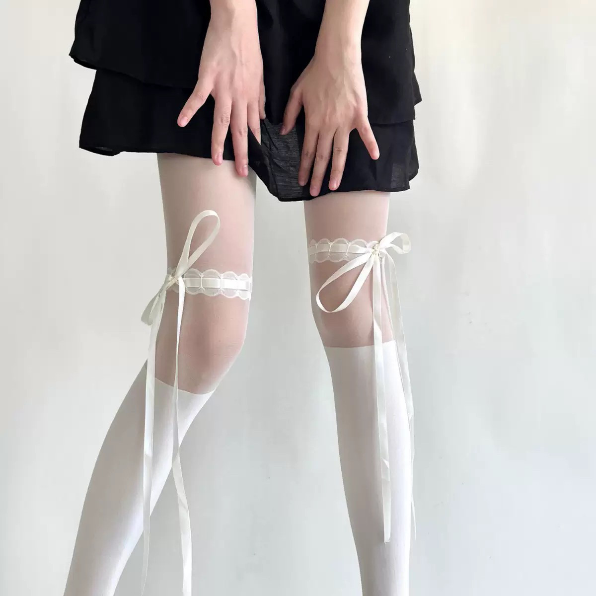 甜美蝴蝶结白丝袜洛丽塔袜子黑丝交叉绑带拼接纯欲连裤袜公主风