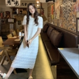 法式蕾丝泡泡袖收腰连衣裙女夏高级感小香风气质优雅中长款蛋糕裙，女装连衣裙，2C309