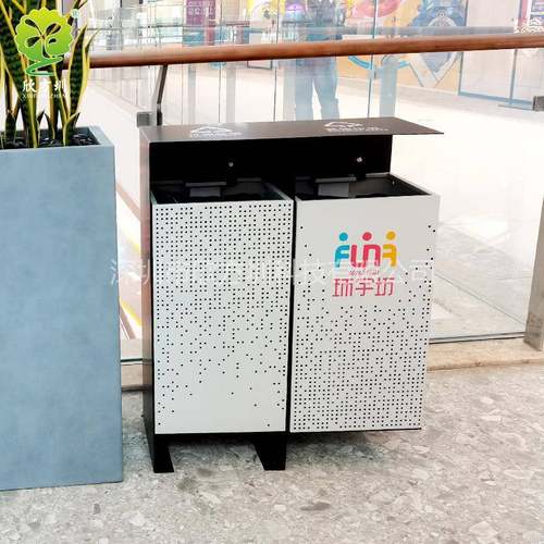 四川购物商场加厚两连体不锈钢分类垃圾桶室外双桶冲孔果皮箱