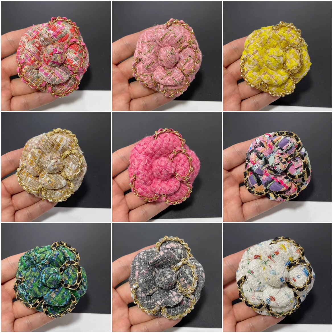 全6.8cm多色粗花尼布花加合金链条皮条胸针款高端 定型胸花小香花