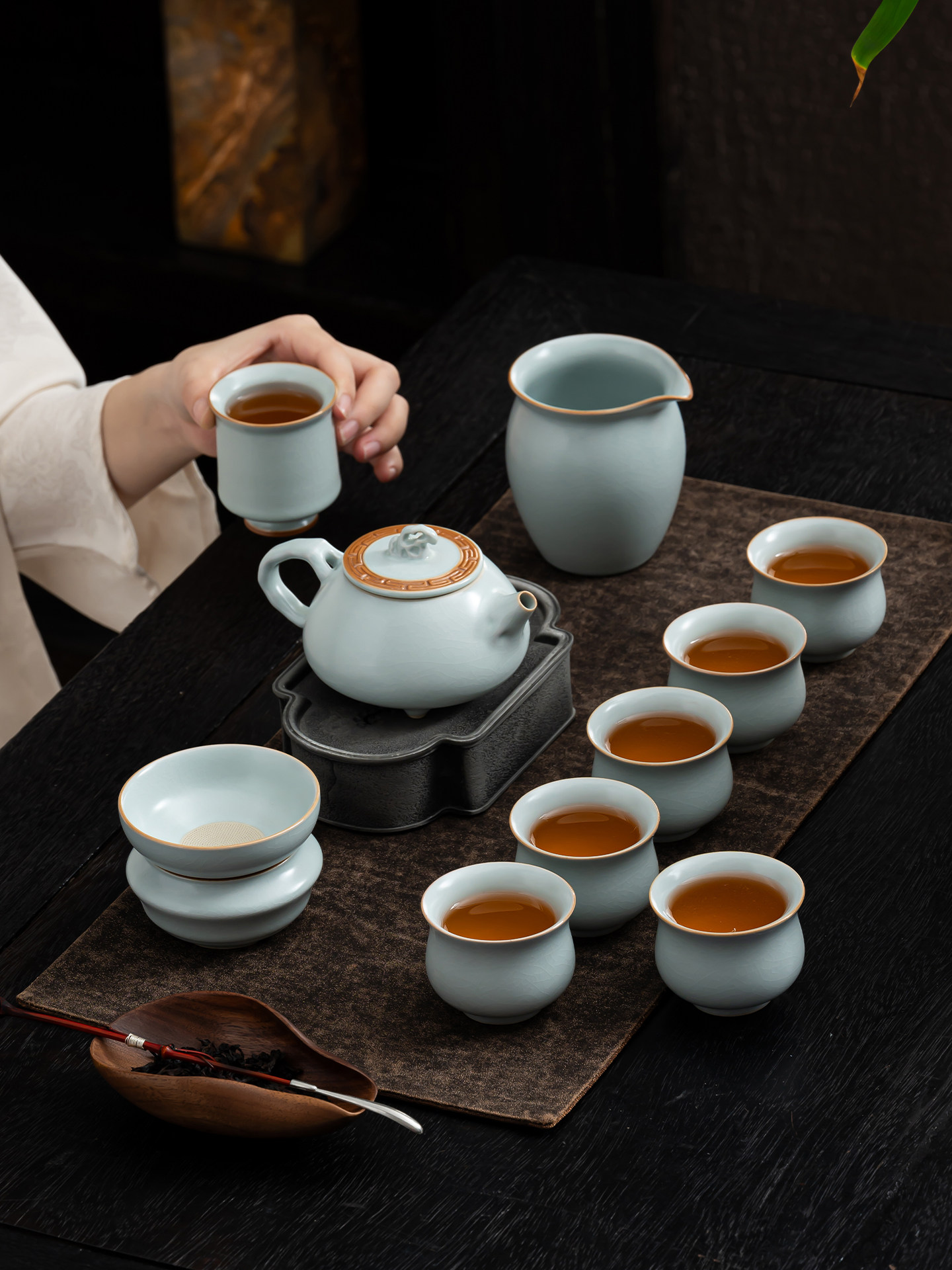 徐宝苗汝窑功夫茶具套装家用可开片高档陶瓷茶壶茶杯石瓢壶套组