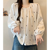 慵懒风小马印花圆领长袖 百搭上衣开衫 衬衫 女春秋衬衣条纹宽松时尚