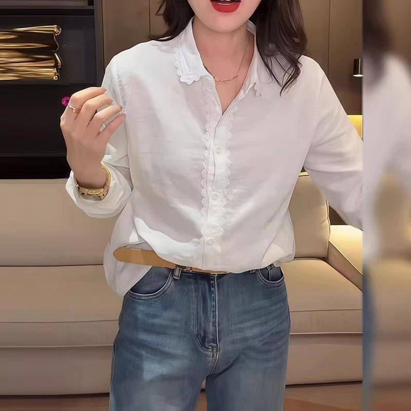 设计感白色长袖衬衫女春秋显瘦慵懒风衬衣高级感美式POLO领上衣潮,女装/女士精品,大码内搭,淘宝优惠券,粉丝福利购,淘宝优惠卷