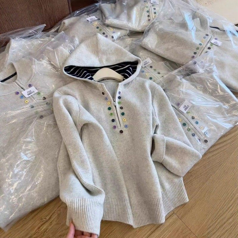 春秋冬半拉链条纹连帽针织衫女撞色上衣设计感减龄宽松百搭毛衣潮,女装/女士精品,大码内搭,淘宝优惠券,粉丝福利购,淘宝优惠卷