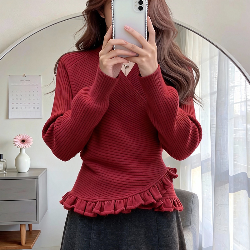韩系红色交叉木耳边收腰针织衫女