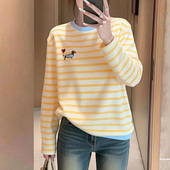 慵懒风撞色条纹长袖 t恤女春秋宽松休闲卡通小狗打底衫 上衣ins体恤