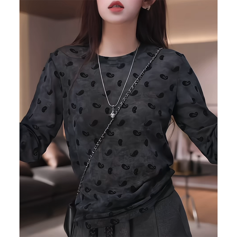 欧货设计感时尚黑色长袖上衣女春秋季修身薄款百搭T恤波点打底衫