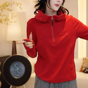 小个子红色半拉链连帽卫衣女春秋长袖百搭显瘦内搭上衣套头体恤潮
