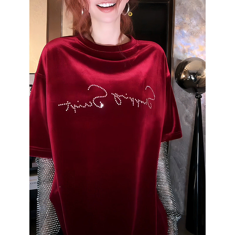 韩国红色金丝绒烫钻假两件T恤女春秋季轻奢独特绝美上衣长袖体恤
