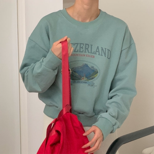 美式 卫衣女春秋宽松圆领百搭上衣湖蓝色小个子 休闲风字母印花长袖