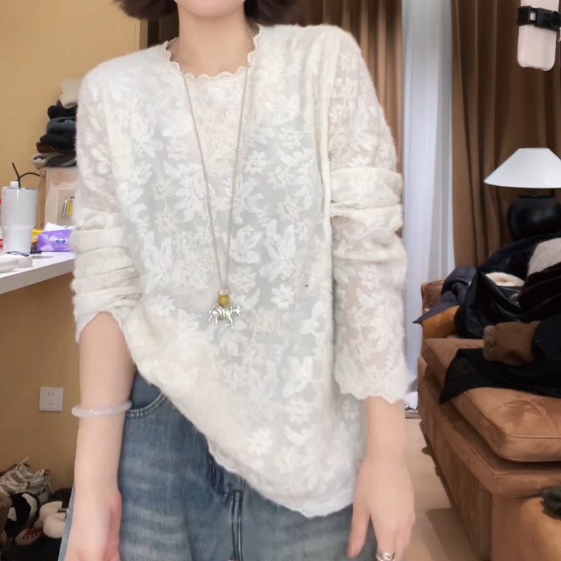 设计感宽松镂空蕾丝上衣女不规则春秋慵懒风长袖T恤叠穿打底衫潮,女装/女士精品,大码内搭,淘宝优惠券,粉丝福利购,淘宝优惠卷