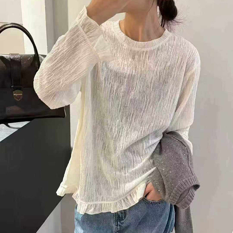 欧货肌理感喇叭袖木耳荷叶边长袖T恤女春秋体恤宽松显瘦打底衫潮