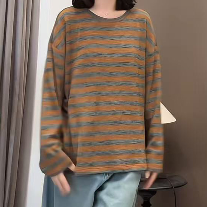 宽松撞色条纹长袖T恤女春秋气质