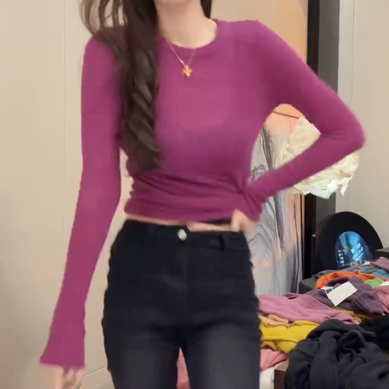 马海毛针织衫女长袖修身收腰打底衫圆领上衣红色内搭紧身辣妹T恤