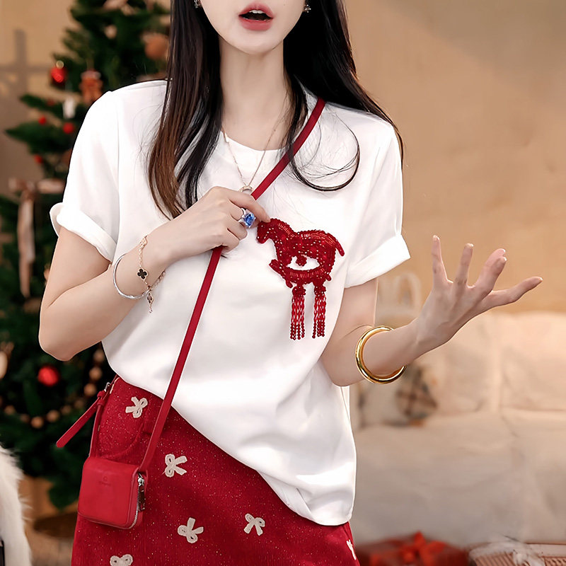 国风马年t恤女士短袖重工小马钉珠上衣圆领白色宽松棉质小衫体恤,女装/女士精品,大码内搭,淘宝优惠券,粉丝福利购,淘宝优惠卷