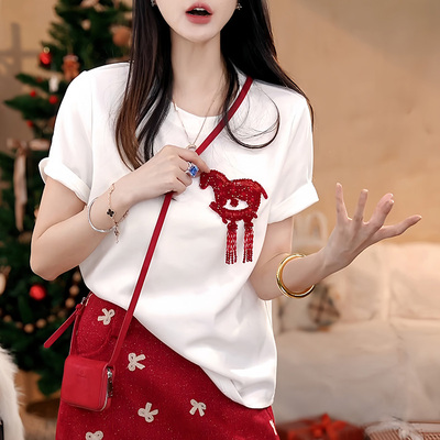 国风马年t恤女短袖重工小马钉珠