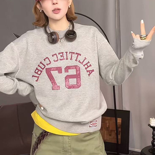 美式复古字母印花数字卫衣外套女