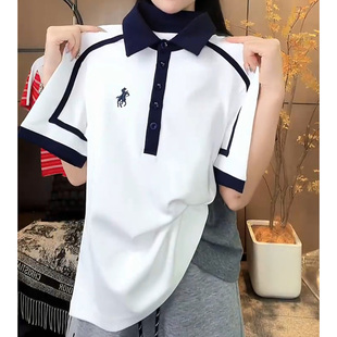 小马刺绣Polo领时尚 撞色拼接上衣 百搭圆领短袖 T恤女高级感打底衫