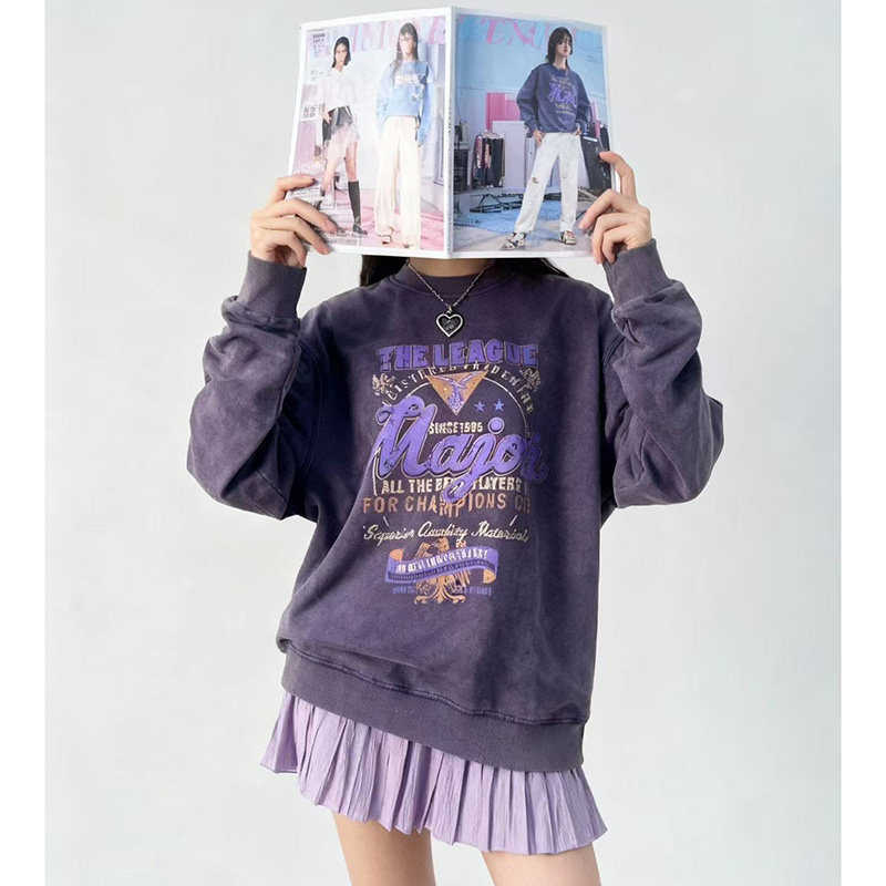 气质复古紫色水洗印花字母卫衣女春秋长袖百搭慵懒chic时髦上衣潮,女装/女士精品,大码内搭,淘宝优惠券,粉丝福利购,淘宝优惠卷